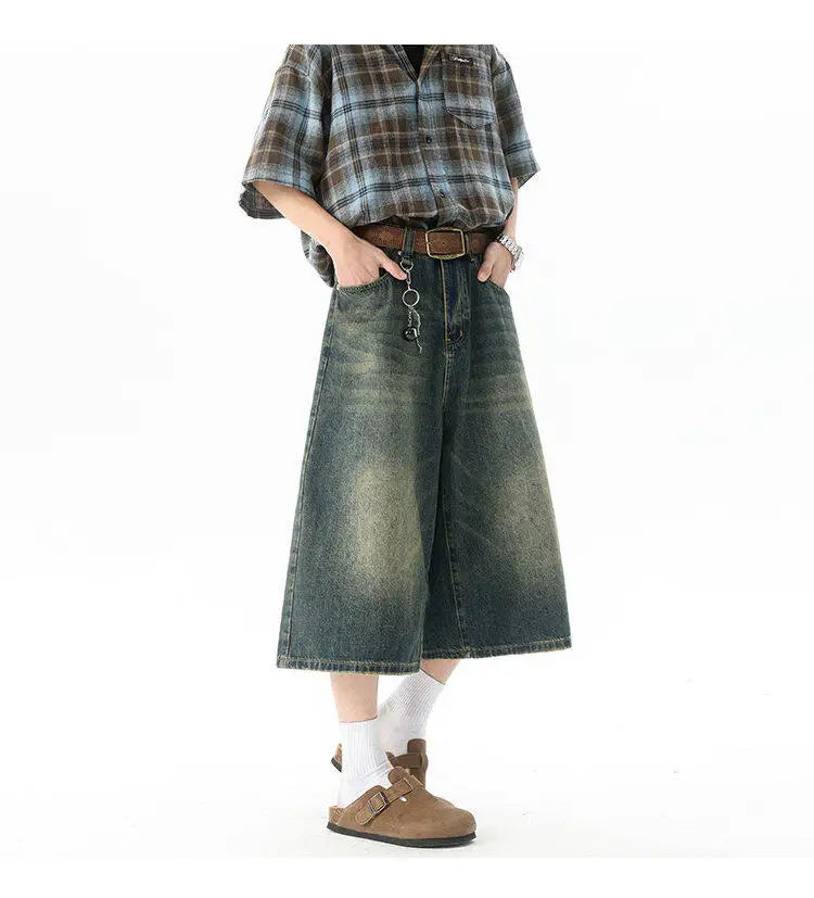 Trendy High-Waisted Wide-Leg Cropped Jeans for Men 2025 Summer Casual Stretch Denim Capri Pants Comfort Fit & Stylish Outfit 8XL