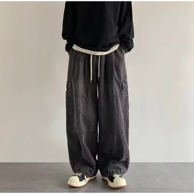 Denim Trousers For Men Adjustable Drawstring Y2k Versatile Baggy Cargo Jeans Men's Hippie Jogging Wide leg Pants Male Streetwear