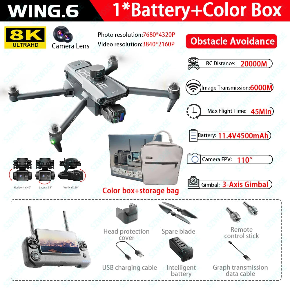 Wing 6 Professional Drone With 8K Camera GPS 3-Axis Gimbal 360 Obstacle Avoidance Touch Screen FPV Brushless RC Dron Boy Toy