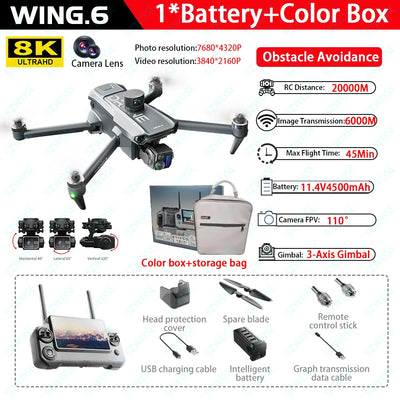 Wing 6 Professional Drone With 8K Camera GPS 3-Axis Gimbal 360 Obstacle Avoidance Touch Screen FPV Brushless RC Dron Boy Toy