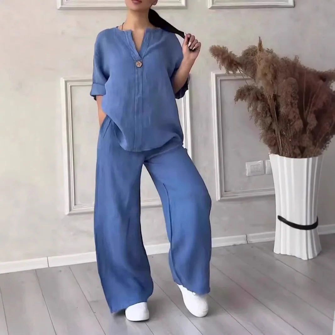 Comfortable Loose Cotton Linen Women's two pieces set Top Wide Leg Pants Casual  Fashion Set Suits Spring Summer Wear Outfits