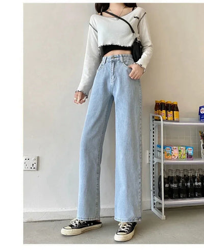 Loose Straight Cylinder Women Jeans High Waist Slimming Long Pants Trendy Cotton Fabric Comfortable Casual Style