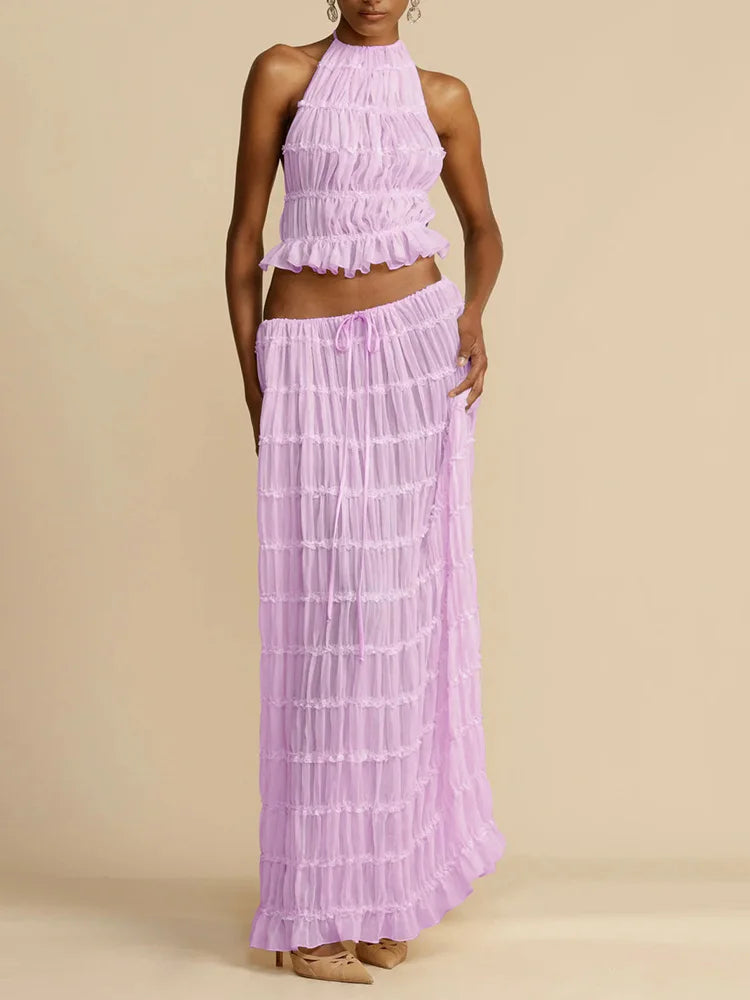 2025 Women Summer Loungewear Suits, Halter Short Top Maxi Skirts 2PCS Matching Sets, White Color Fashion Backless Ladies Outfit