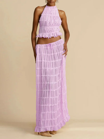 2025 Women Summer Loungewear Suits, Halter Short Top Maxi Skirts 2PCS Matching Sets, White Color Fashion Backless Ladies Outfit