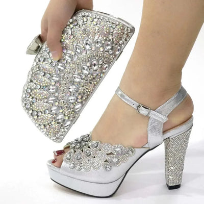 Embroidery Italian Design Pointed-Toe High-heeled Shoes and Bags Set for Women