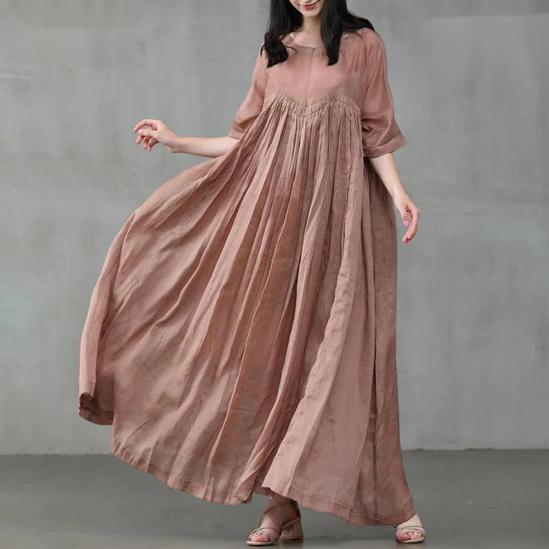 Summer Dresses Women 2023 Casual Fashion Solid Color Round Neck Pleated Cotton Linen Long Dress Elegant Dresses for Women Robe