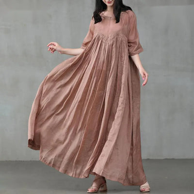 Summer Dresses Women 2023 Casual Fashion Solid Color Round Neck Pleated Cotton Linen Long Dress Elegant Dresses for Women Robe