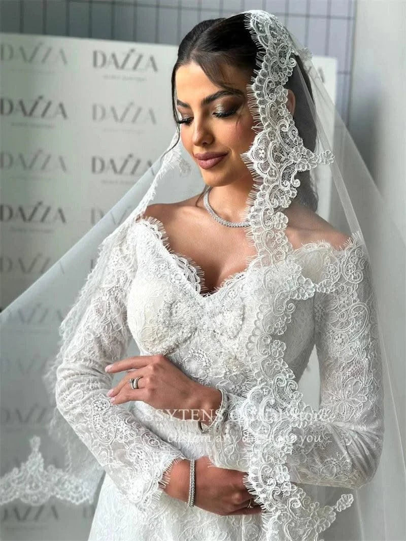 V Neck Wedding Dresses Lace Long Sleeves Queen Bride Gown