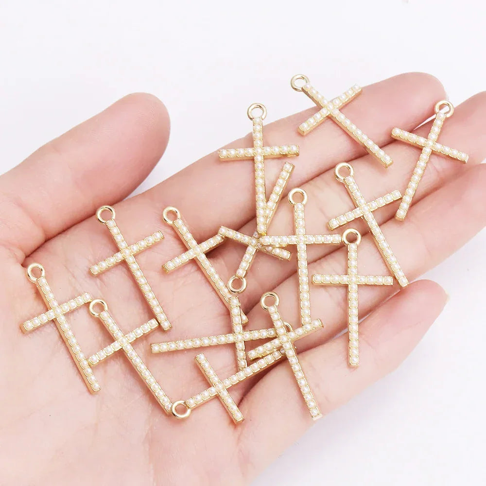 Mixed 10Pcs Pearl Zircon Cross Charms Crucifix Pendant Jewelry Making Supplies Diy Luxury Necklaces Earrings Accessories Gift