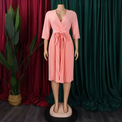 Elegant Office Dresses for Women Professional V Neck Full Sleeve Sashes Pleated Mid Calf Formal Business Work Wear Dress Midi OL