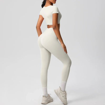 Yoga Set 2 Pieces Women Tracksuits Workout Sportswear Gym Clothing Fitness Short Sleeve With Padded High Waist Leggings Suits