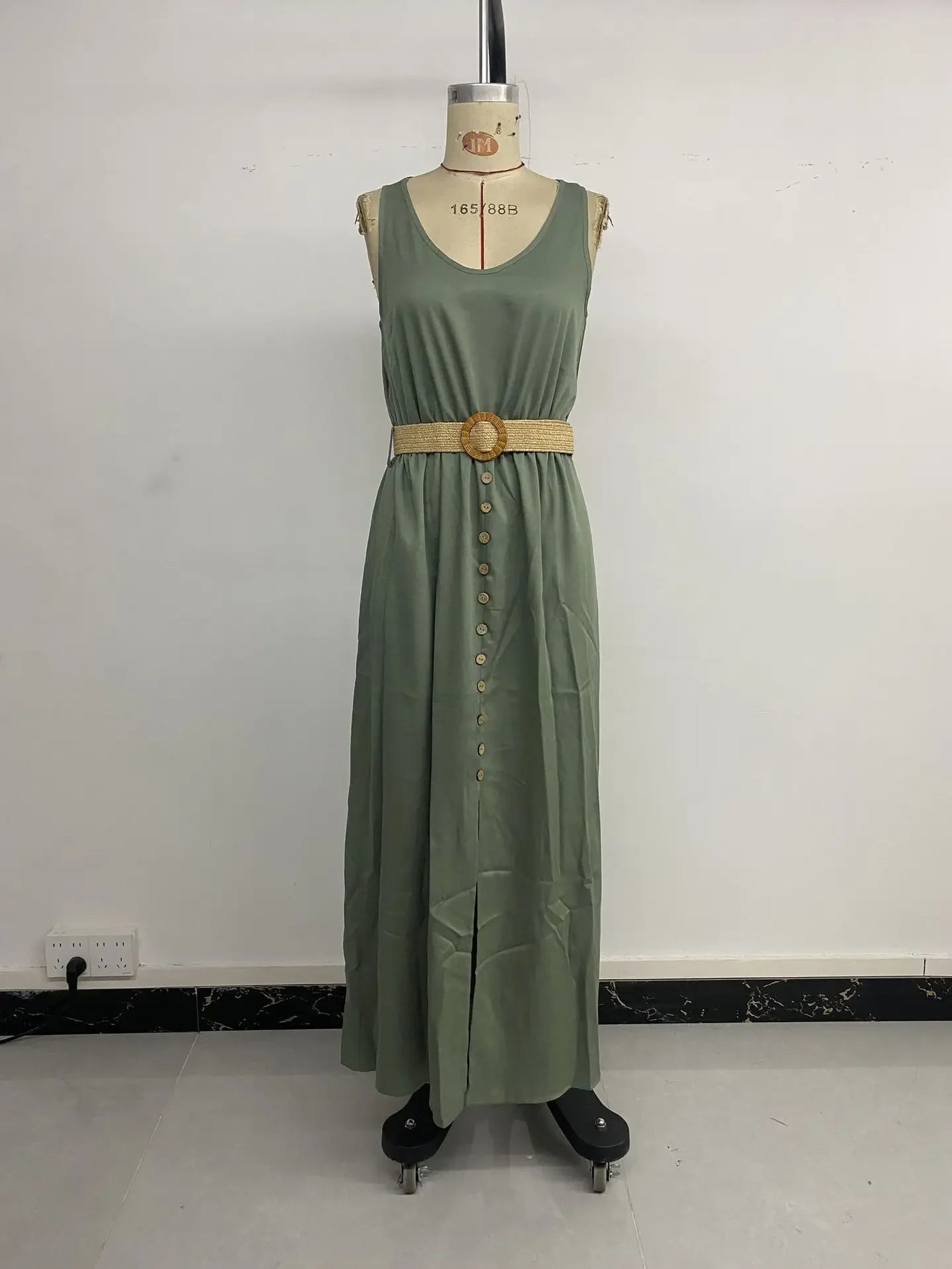 New European and American Dress for Women Clothing Leisure Vacation Simple Split Fork Solid Sleeveless V-neck Dress with Belt
