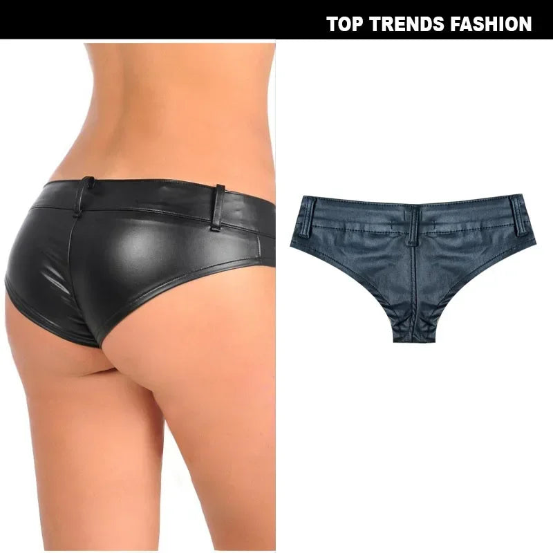 Womens Shorts Nightclub Sexy Low Waisted Elastic Denim PU Faux Leather Button Up Zippered Hot Pants for Women