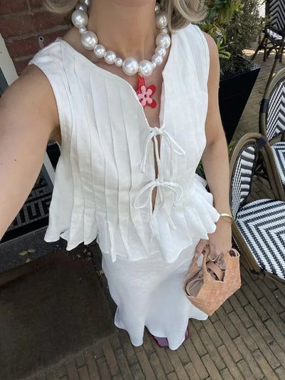 Fashion Bow Lace Up Shirts Women Cotton Linen Hollow Out Sleeveless Pleated Blouses Woman 2025 Summer New Casual Lady White Tops