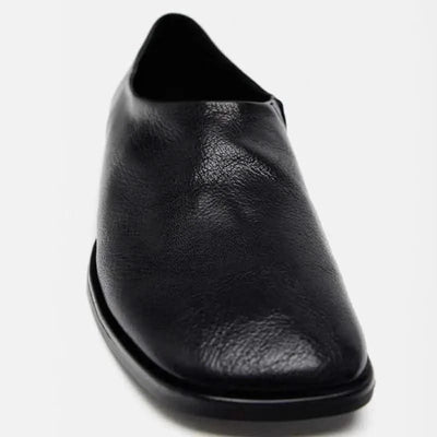 Genuine Leather Women's Black Square Toe Flats Comfortable Summer Shoes