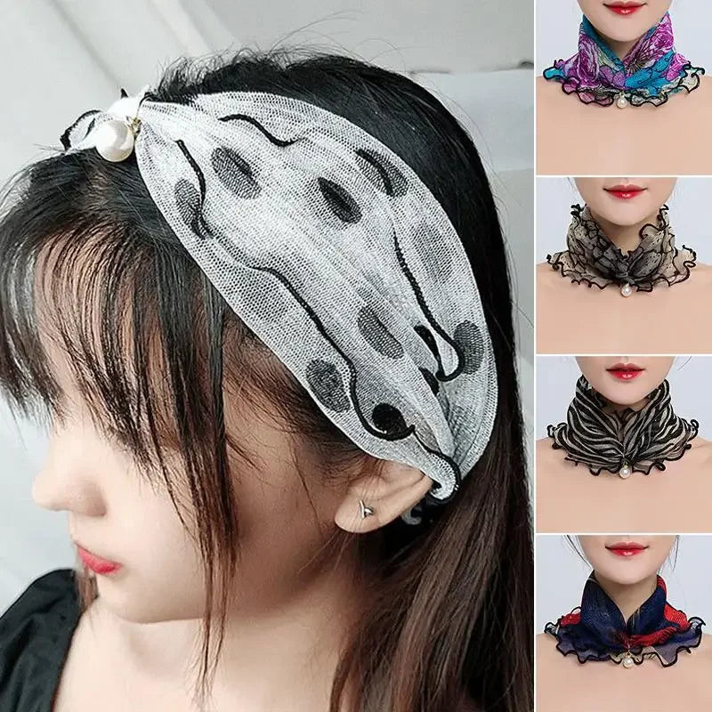 Women Ruffle Lace Scarf Pearl Pendant Chiffon Scarves Shiny Headscarf Thin High Elasticity Neck Wrap Organza Neck Collar Scarf