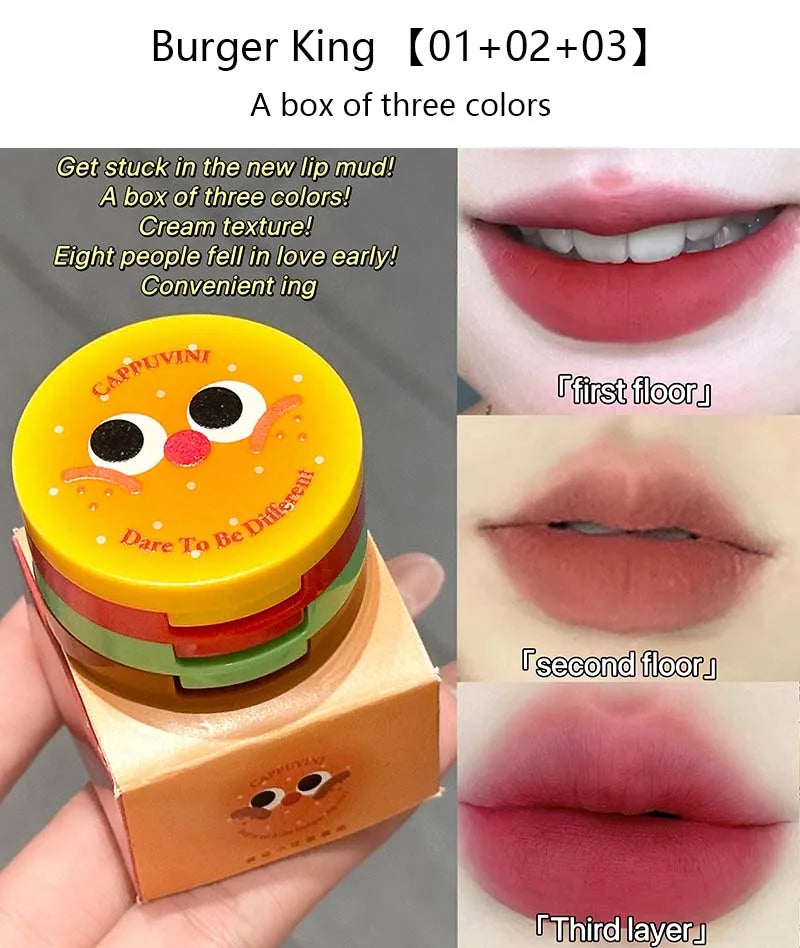 Cappuvini Butter Hamburger Lip Mud Matte Soft Mist Cute Hamburger Whitening Makeup Lipstick Valentine's Day