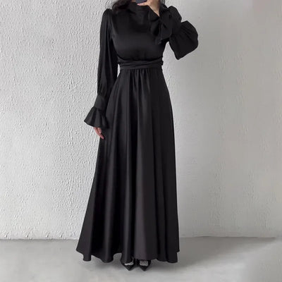 Lotus Sleeve Dress for Women Casual Slim-fit Dress with Belted Waist Abaya Dubai Luxury Turkey Islam Muslim Dress Women Kaftan
