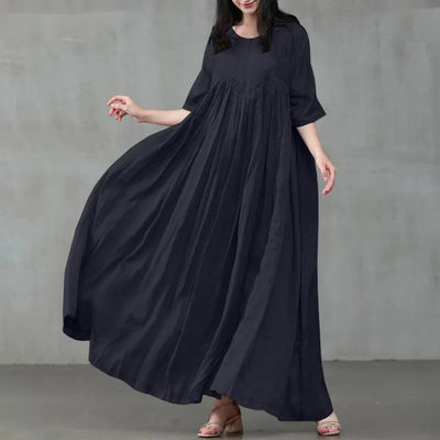 Summer Dresses Women 2023 Casual Fashion Solid Color Round Neck Pleated Cotton Linen Long Dress Elegant Dresses for Women Robe