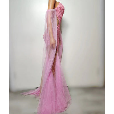 New Pink Rhinestones Pearls Dress Sexy Mesh Party Evening Dresses Women Singer Festival Wear Stage Outfit Jazz Dance Costume