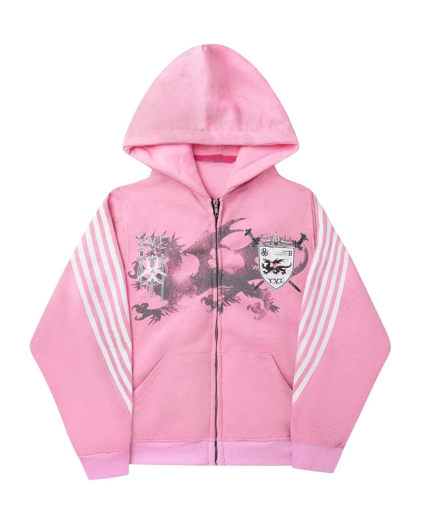 Sexy European and American printed striped hooded sweatshirt with zipper, pink men's and women's sports loose sweatshirt jacket