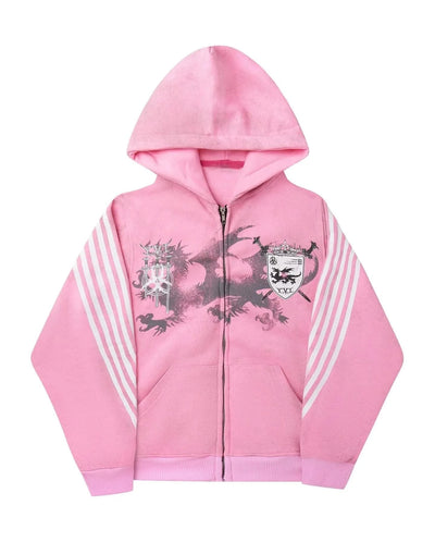 Sexy European and American printed striped hooded sweatshirt with zipper, pink men's and women's sports loose sweatshirt jacket