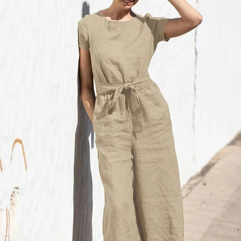 2025 Summer Short Sleeve Rompers Casual Loose Tighten Waist Solid Work Long Playsuit Elegant Women Jumpsuits Retro Overalls