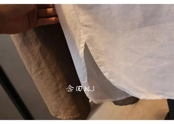 Cotton Linen Women Medium-Length White Polo Shirt Women Large Size Women Clothing Spring Autumn Design Niche Long-Sleeved Shirt