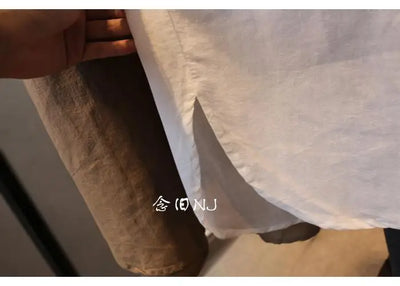 Cotton Linen Women Medium-Length White Polo Shirt Women Large Size Women Clothing Spring Autumn Design Niche Long-Sleeved Shirt