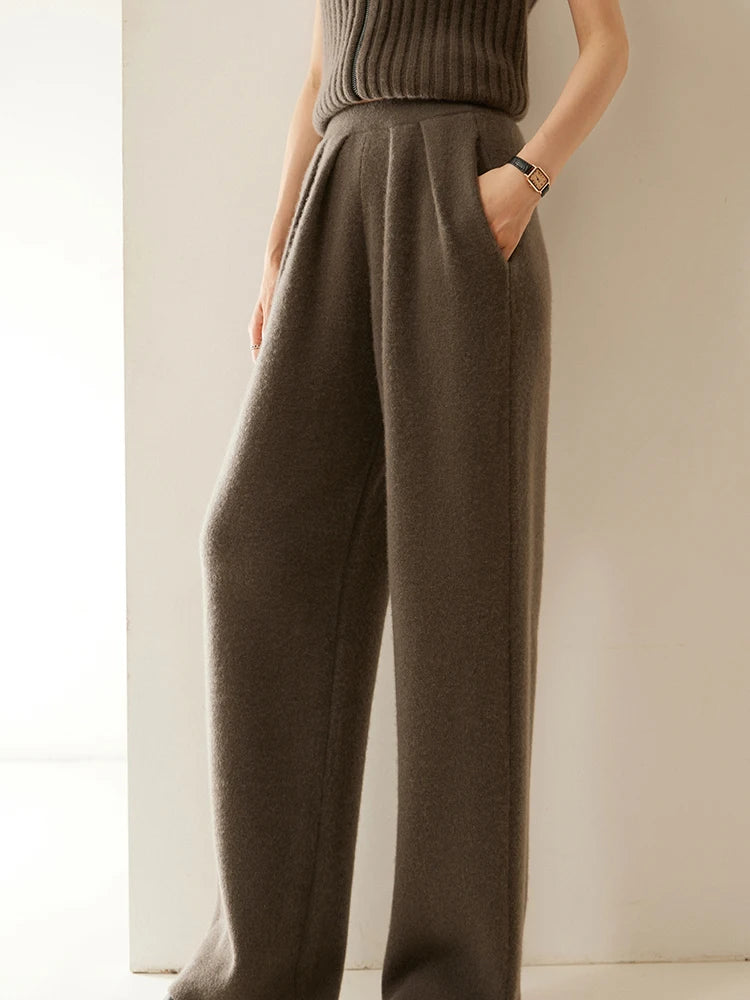 ADDONEE Women 100% Cashmere Pants Pleated Waist Wide Leg Pants Casual Simple Style Autumn Winter Cashmere Knit Trousers Luxury