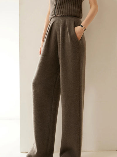 ADDONEE Women 100% Cashmere Pants Pleated Waist Wide Leg Pants Casual Simple Style Autumn Winter Cashmere Knit Trousers Luxury