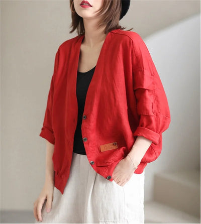 Fashion Cotton Linen Short Jacket For Women Spring Autumn New  Retro Loose V-Neck Thin Casual Top Coat Sunscreen Clothing