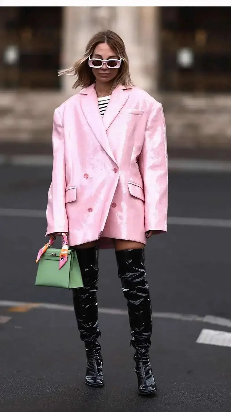 DEAT Fashion Women's Blazer Notched Collar Double Breasted Sequins Full Sleeves Pink Suit Jackets Autumn 2025 New Tide 7AB643