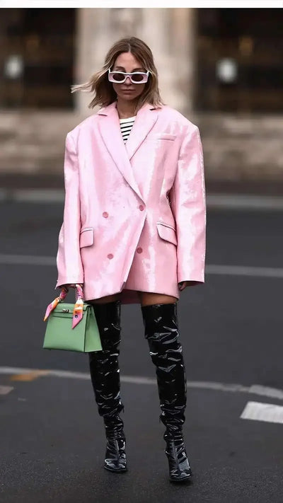 DEAT Fashion Women's Blazer Notched Collar Double Breasted Sequins Full Sleeves Pink Suit Jackets Autumn 2025 New Tide 7AB643