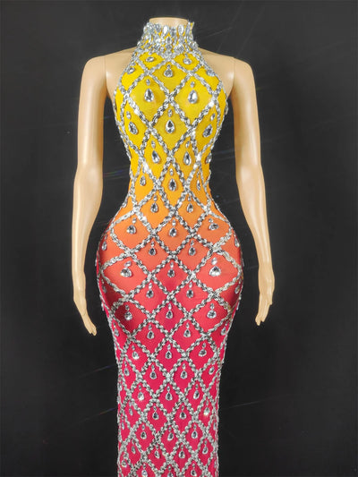 Women Sexy Stage Shining Rhinestone Sequins Dress Evening Prom Birthday Dress Transparent Performance Singer Club Host Dress