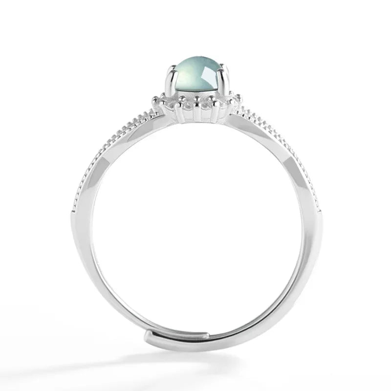 Light luxury Natural A-grade Jade Blue Water Ring Ice Jadeite Fashionable S925 Silver Inlaid Women's Jewelry Adjustable