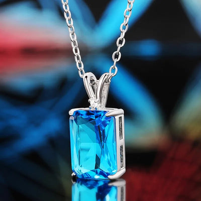 Huitan Luxury Solitaire Blue CZ Square Pendant Necklace for Women Modern Design Temperament Lady's Accessories Wedding Jewelry