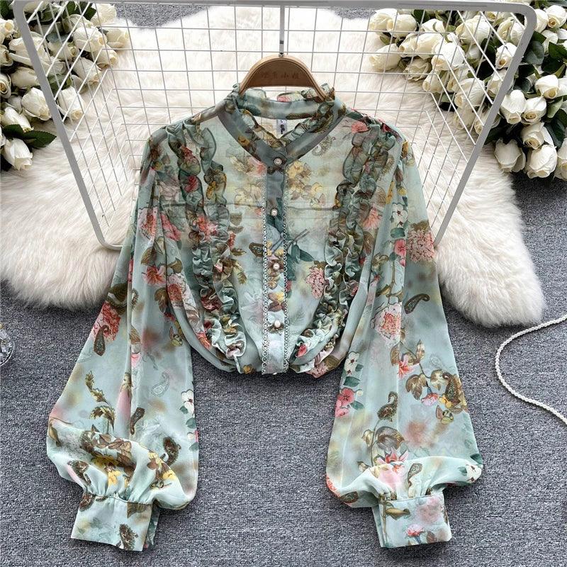 Women Ruffles Lace Floral Print Retro Elegant Button Shirts Summer Fashion Sweet Chic Stand Collar Long Sleeve Blouse Loose Tops