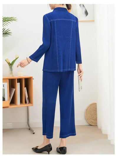 Wrinkle fashion casual suit for women high-end and casual loose fit plus size shirt collar top straight leg pants [20240514]