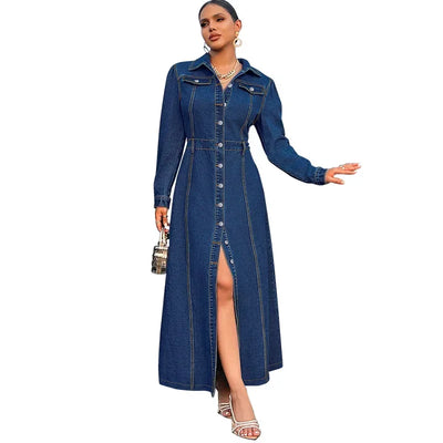 Denim Dress Women Long Dresses Spring Turn Down Collar Elegant Work Splice Vestidos Single Breasted A Line Y2k Tops Streetwear