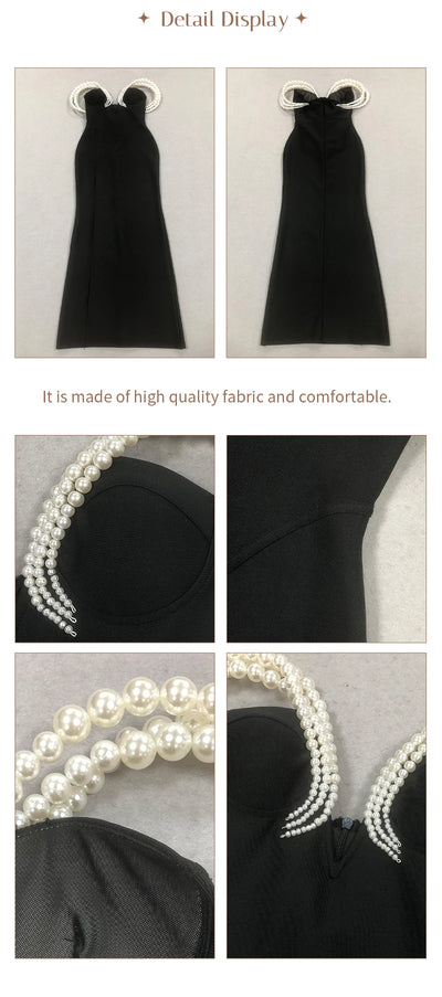 Women's Elegant Black Off-Shoulder Evening Dresses with Pearl Embellishment and High Slit for Formal Events & Weddings Vestidos