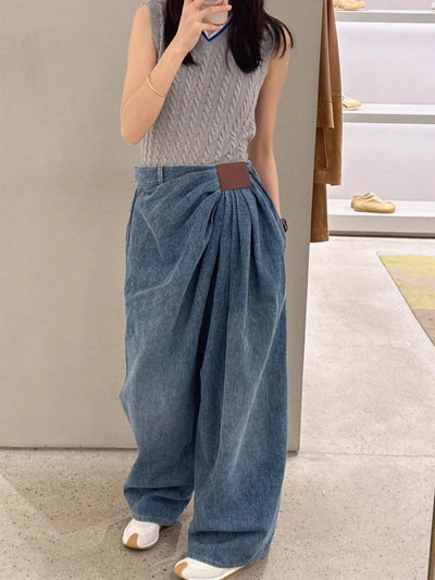 American Wide Leg Denim Pants For Women In Spring And Autumn Fashionable Pleated Design Loose Floor Length Pants