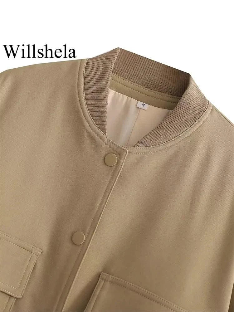 Women Fashion Solid Bomber Jackets Coat With Pockets V-Neck Single Breasted