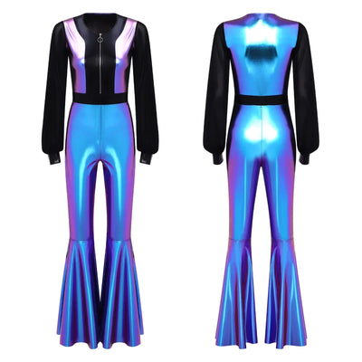 Womens Vintage 70s 80s Disco Dance Jumpsuit Mesh Long Sleeve Bell Bottom Pants Metallic Shiny Rompers Bodysuit Halloween Costume