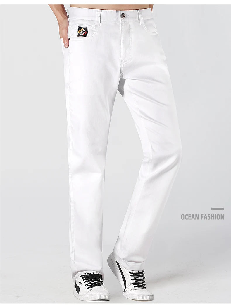 2024 New Summer White Jeans for Men Bruce&Shark  Designer Luxury Men's Jeans Loose Fit Stretch Cotton Casual Fashion Big Size 42