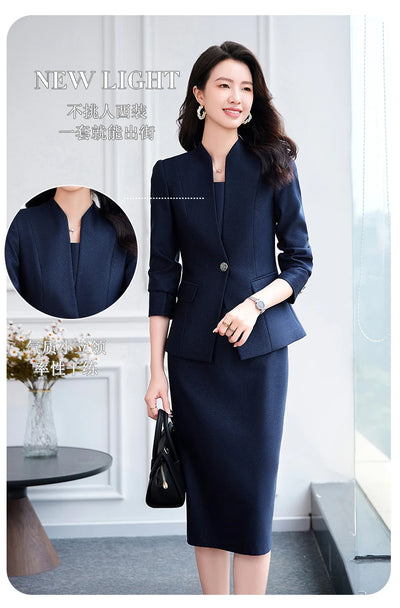 NAVIU 2025 Women Office Dress Set Monochromatic Slim Fit Suit Stand Collar Single Button Fashion New 2 Pcs Brazer and Dresses
