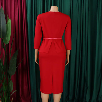 Dress Office Wear for Women Professional Skew Collar Three Quarter Sleeve Belt Waisted Sheath Package Hips Mid Calf Formal Dress