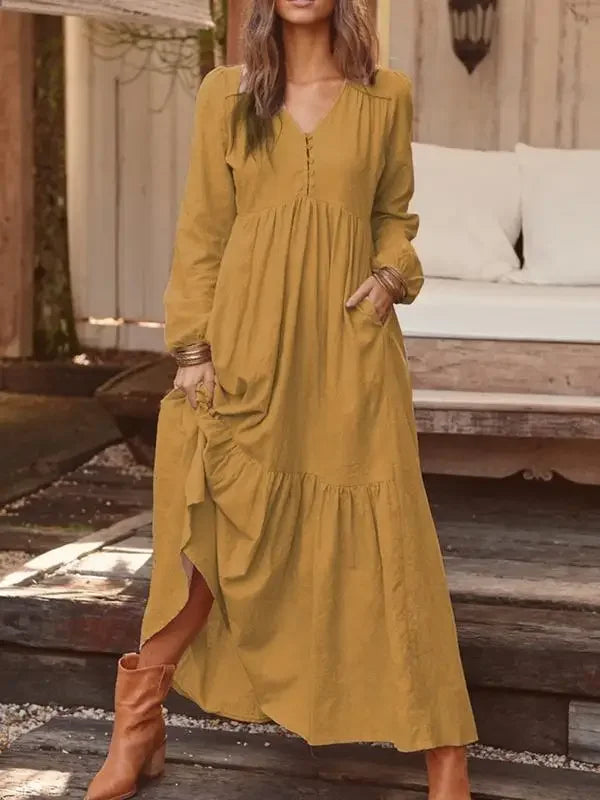 Women's Dress 2025 Spring and Summer Women's Button Cotton and Linen Retro Casual Long Sleeve Dress Large Hem Long Skirt