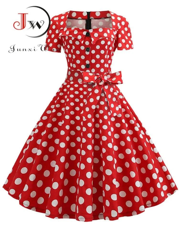 Women Summer Dress Elegant Retro Vintage 50s 60s Robe Rockabilly Swing Pinup Dresses Casual Red Party Vestidos
