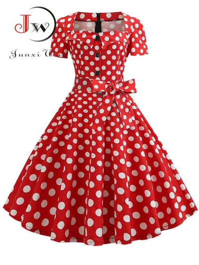 Women Summer Dress Elegant Retro Vintage 50s 60s Robe Rockabilly Swing Pinup Dresses Casual Red Party Vestidos